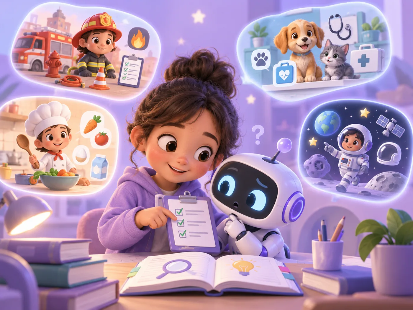학생이 초보 AI 로봇을 도우며 네 가지 직업을 살펴보는 프로그램 소개 일러스트